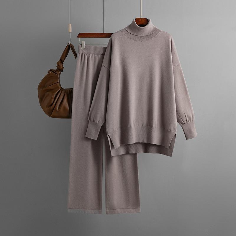 Turtleneck sweater set autumn and winter women's solid color slit sweater loose casual knitting two-piece set