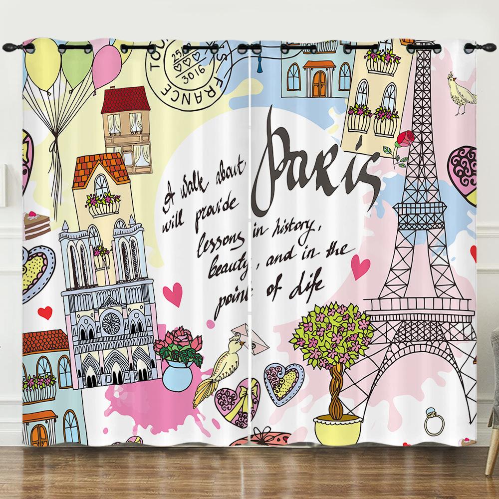 Rideau Illustration Peinte à la Main Tour Eiffel Rideau Impression Numérique 3D Rideau Occultant
