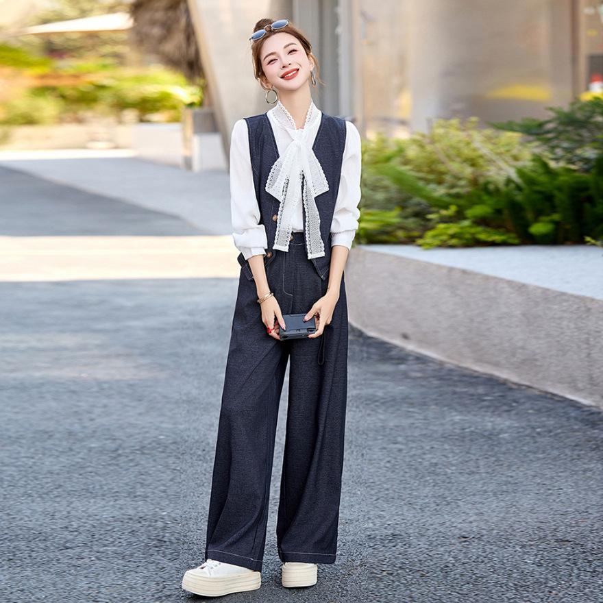 Fashion professional temperament vest denim suit women's spring new Korean version loose and thin wide-leg pants three-piece set