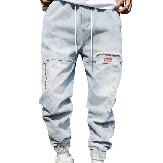 

Мужские брюки-шаровары с эластичной резинкой на талии и карманами на щиколотке, сплошной цвет, большие размеры, свободные брюки-карго в стиле хип-хоп, повседневная уличная одежда, летние весенние брюки-карго M светло-синий