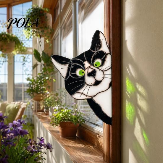Colorful Cat Window Cling Stained Glass Cling, Vintage Kitty Decal, Removable Static Shape Wall Sticker for Door Car, UV-Resistant Waterproof