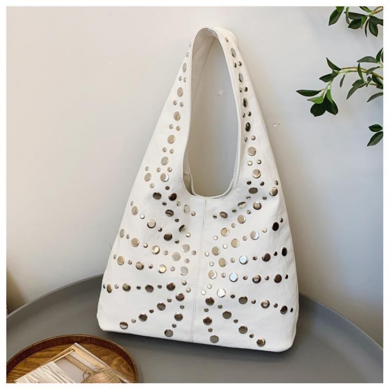 

Сумка большой вместимости женская летняя новая универсальная ретро на плечо подмышку сумка-тоут с заклепками для поездок покинуть белый