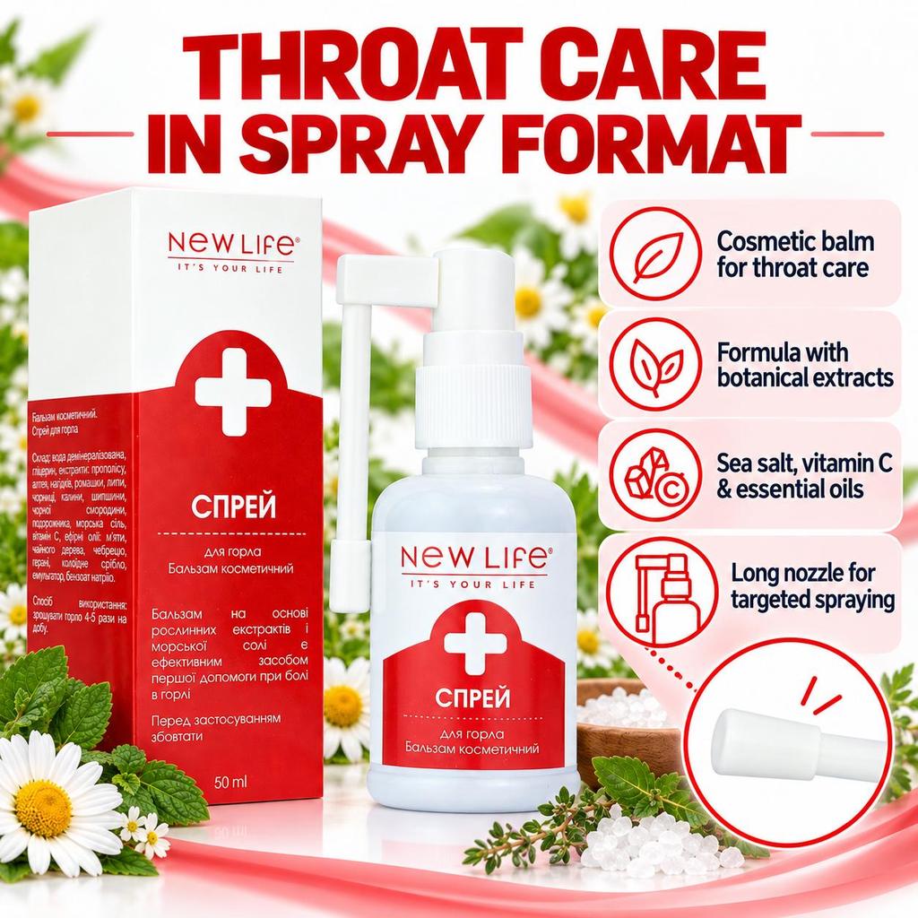New Life Throat Spray, Cosmetic Balm with Plant Extracts, Propolis, Sea Salt and Colloidal Silver, 50 Ml