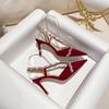 L-101 2025 Baotou Rhinestone Sandals Female Sexy One-Word Strap Stiletto Fairy Style High Heels Red Wedding Shoes