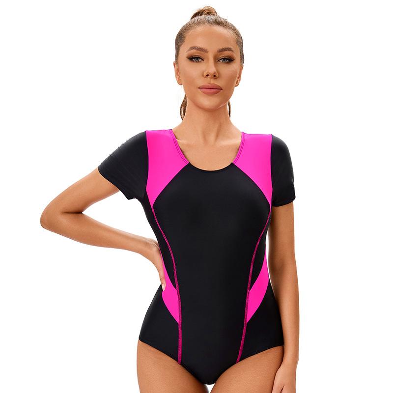 Color Block Short-sleeved Women's Swimsuit Sexy Tight Crewneck Conservative Swimsuit