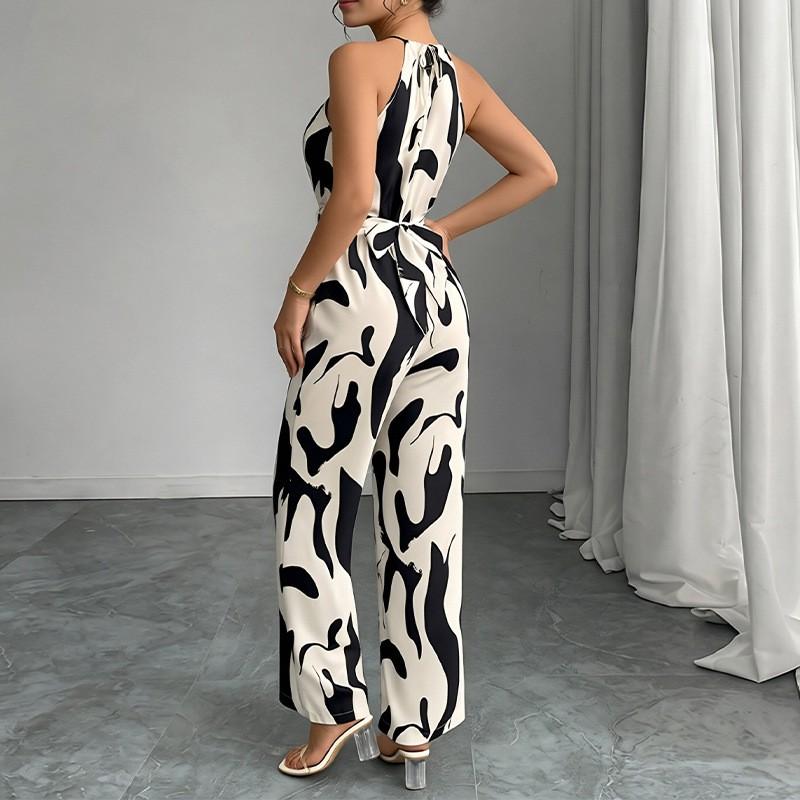 2026 Womens Elegant Sleeveless Printed Jumpsuit High-Waisted Wide-Leg Casual Office Wear