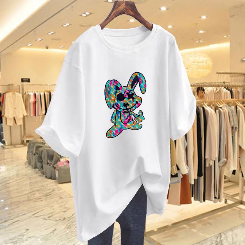 European and American Women's Rabbit Print Loose Round Neck Short Sleeve T-shirt - Summer New Style Top