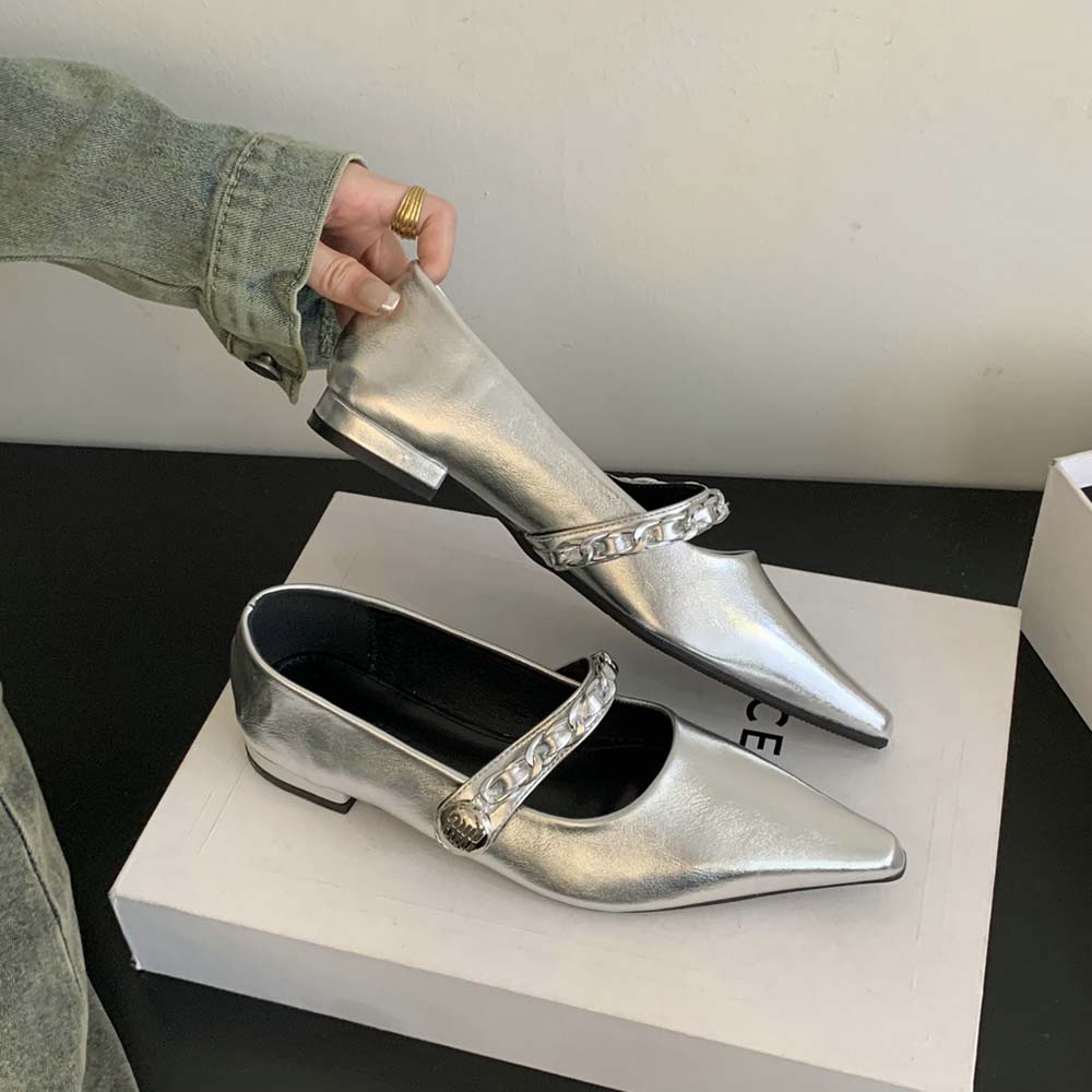 fashion Pointed Toe Women Mules Ballet Dance Loafers 2024 New Arrivals Black Brown Silver Metal Chain Casual Sandals Belt Buckle 35-39