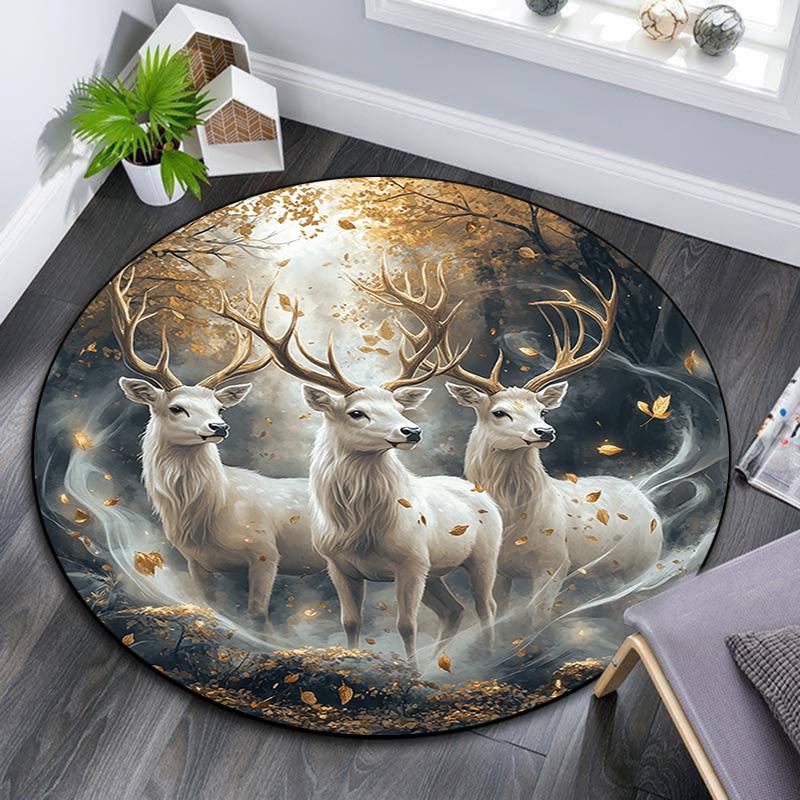 Enchanted Forest Deer Round Area Rug,Carpet Rug for Living Room Bedroom Sofa Playroom Decor,Non-slip Floor Mat