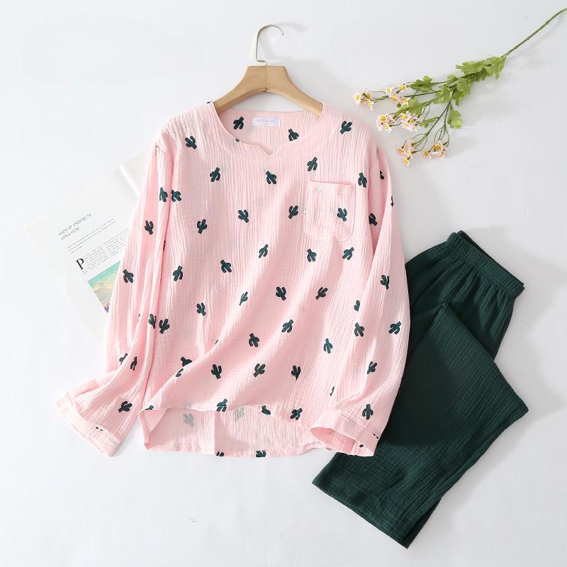 New Japanese Style Spring and Autumn Ladies Cotton Crepe Cloth Long-sleeved Trousers Pajamas Cactus Comfortable Home Service