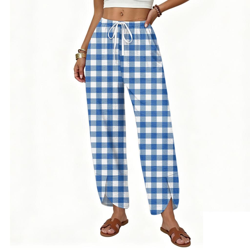 Women Casual Loose Straight Wide Leg Pants with Button and Printed Pattern Drawstring Waist Long Trousers