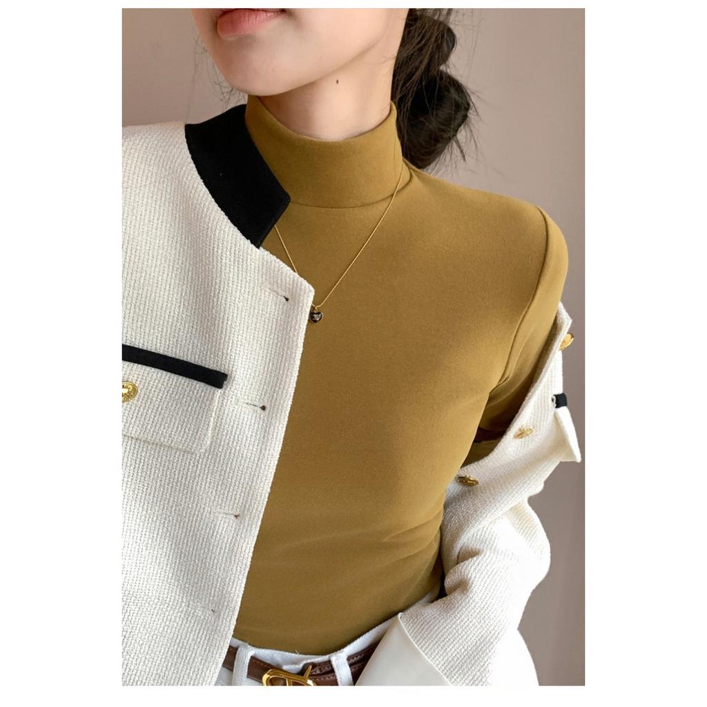 Half High Neck Double-sided German Velvet Base Shirt for Women , with Solid Color and Thick Velvet Inside, Warm Long Sleeved Top