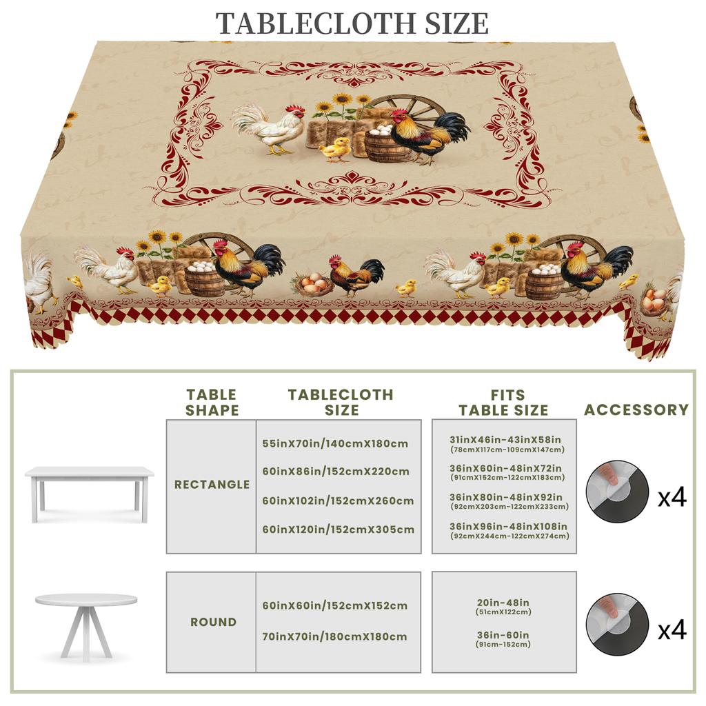 1 Stück Retro Bauernhaus Runde und Rechteckige Tischdecken, Verschiedene Größen, Hahn, Blumenmuster, Ostern, Frühling und Sommer, Tischdecken für Kitc