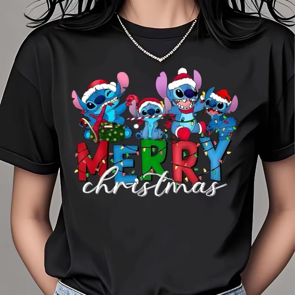 New Womens Disney Stitch Print TShirt Merry Christmas Casual Top Cotton Breathable Fabric Christmas Cartoon Character