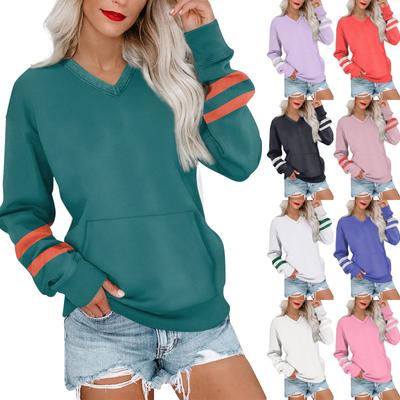 Women's Casual Fashion Striped V-Neck Long Sleeve Sweatshirt Lightweight Pullover With Pockets Sweatshirt