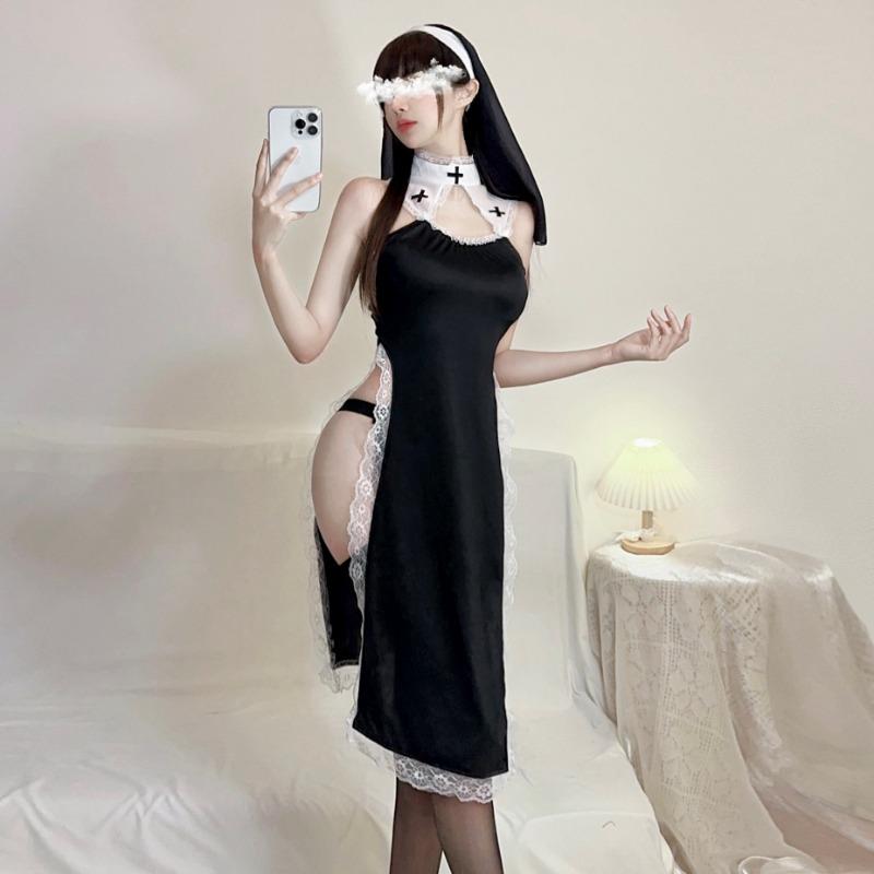 Sexy Lingerie Sexy Nun Costume Cos Halloween Uniform Pure Desire High Split Lace Cheongsam Uniform Skirt Temptation