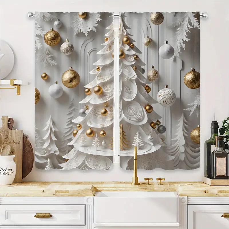 2pcs Elegant Gold Christmas Tree Pattern   Sophisticated Design Light - Filtering Polyester Curtains for Christmas Home Windows