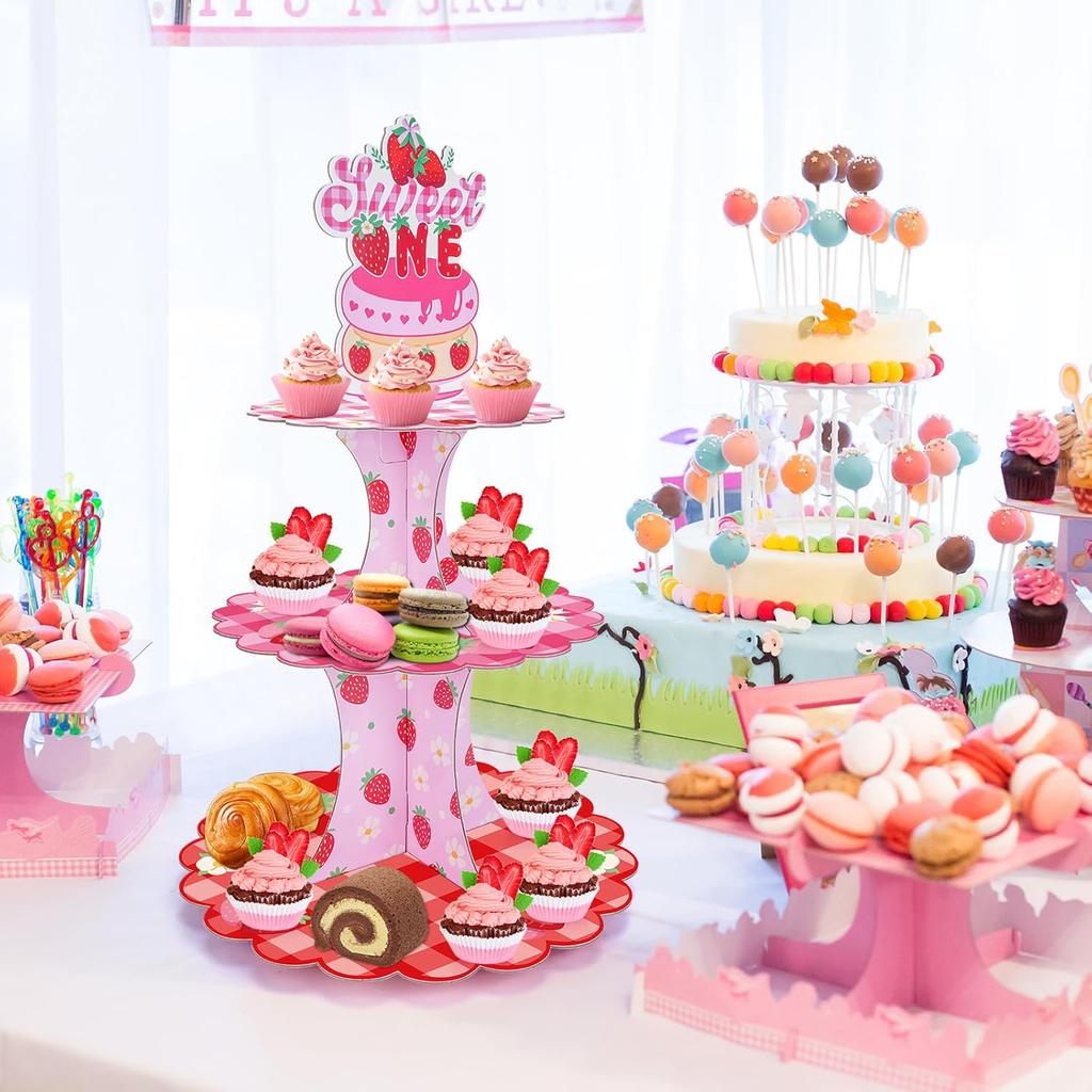 Strawberry Cupcake Stand Decorations - Berry First Birthday Table Decor 3 Tier Cake Dessert Paper Tower Pastry Holder Shortcake Tiered Topper for