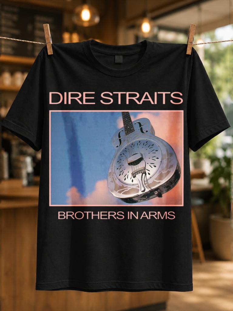 Dire Straits Brothers In Arms Silver Guitar Album Art Pink Border Sky Clouds And Classic Album Unisex All TShirt