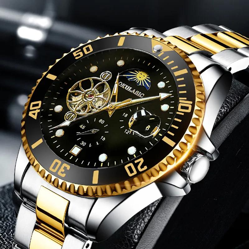 Luxury Moon Phase Skeleton Automatic Watch for Men Luminous Fashion Sports Tourbillon Mechanical Watches Stainless Steel Strap