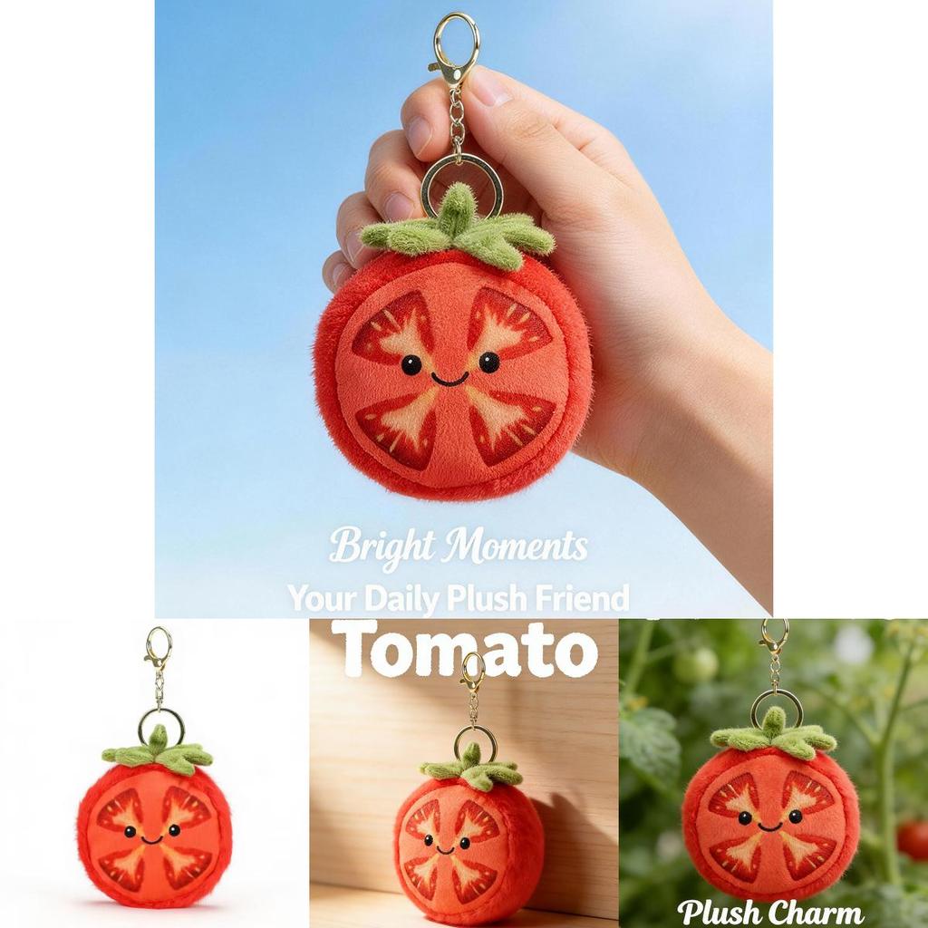 Plüsch-Tomatenscheiben-Schlüsselanhänger mit Stickerei-Design für Geschenk und Taschendekoration