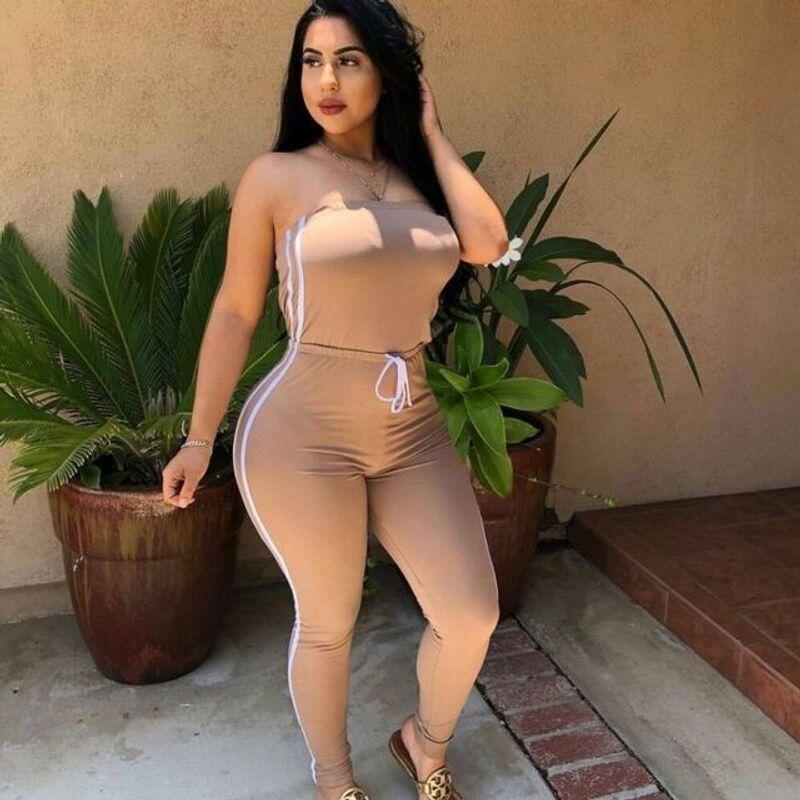 

Chest Bandeau Waistband Slim Fit Bodysuit Tube Top Cinched Waist Skinny Jeans Jumpsuit Khaki XL