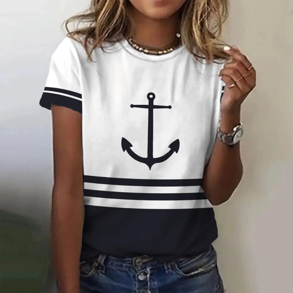 T-shirt da Donna con Stampa 3D di Ancora per Barca Estiva, Maglietta Casual da Donna a Maniche Corte, T-shirt alla Moda con Scollo a O, Top Harajuku, Abbigliamento Femminile