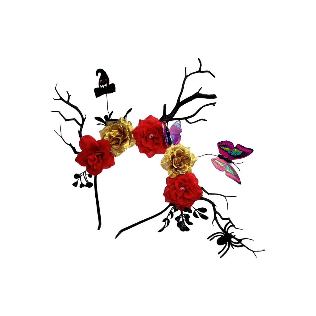 Halloween Deer Antlers Headband With Bat Butterfly Detail And Black Floral Branch Hair Ornament For Costume Parties