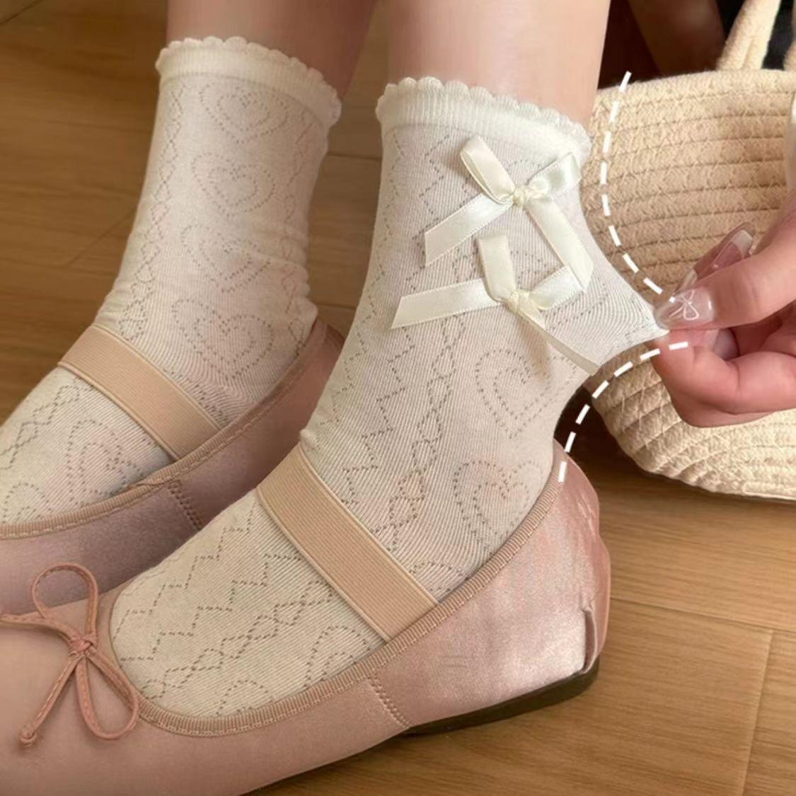 

Lace Heart Bow Lolita Mesh Mid-Calf & Over-the-Knee Socks One Size белый