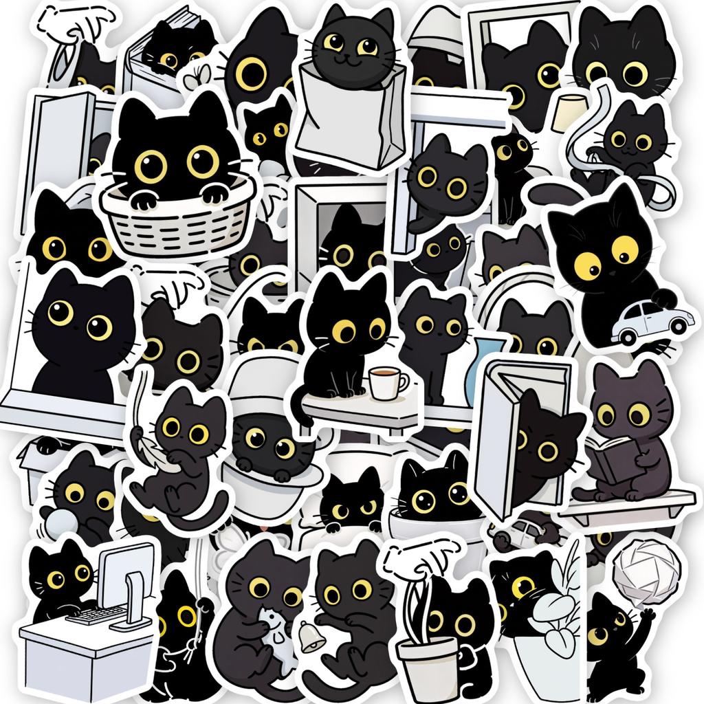 50Pcs/Set Funny Black Cats. Yellow Eyes Series 02 Stickers DIY Fashion Waterproof Doodle Decals Stickers