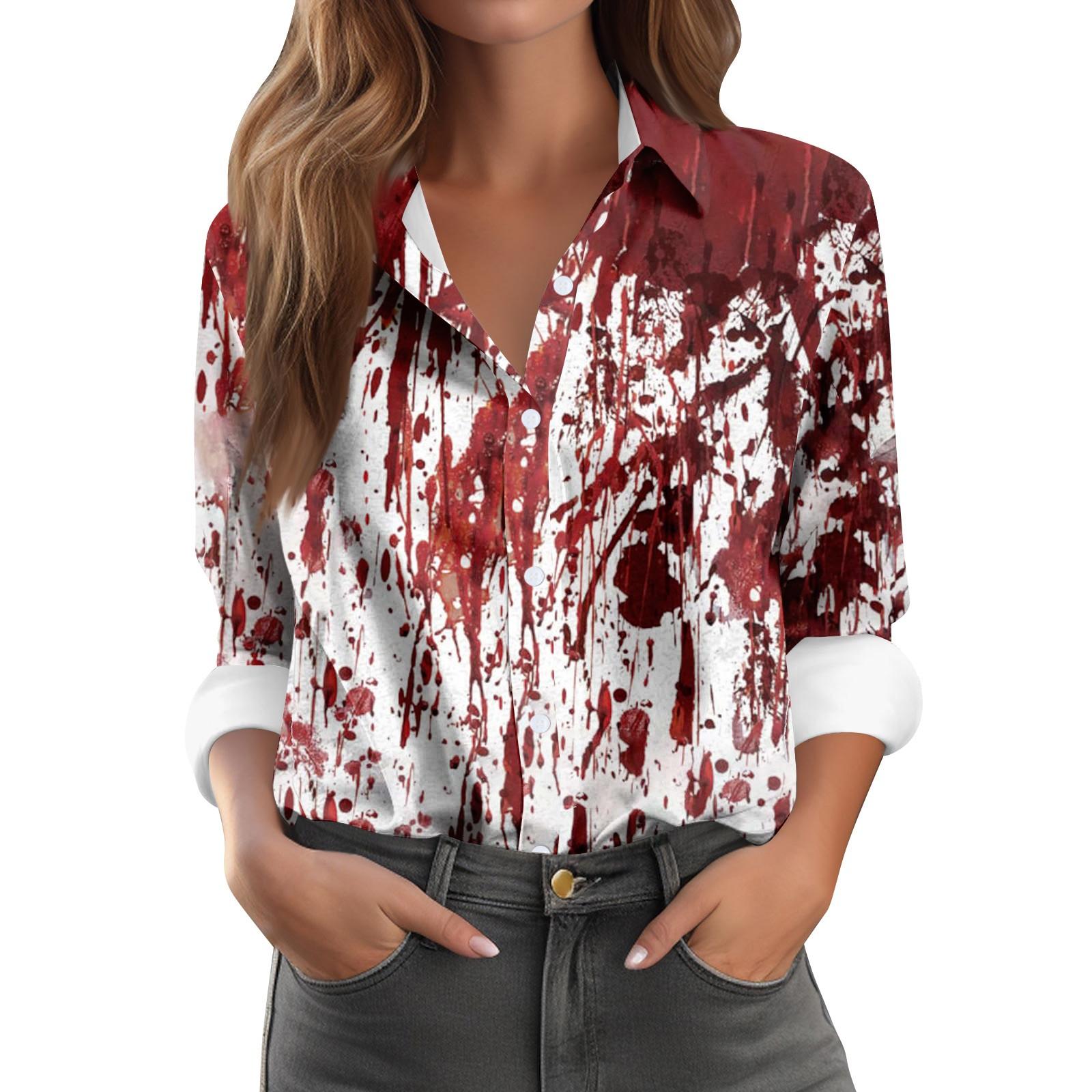 

Women s Long Sleeve Button Halloween Printed Casual Shirt Top L винний