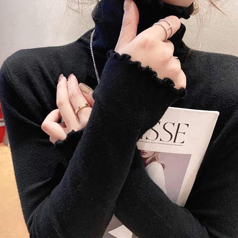 

HELIAR Женский свитер с высоким воротом и оборками, длинный рукав, однотонный тонкий пуловер, офисный повседневный свитер, джемпер для женщин, осень-зима One Size чёрный