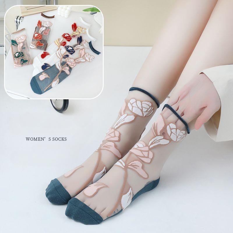 1/3/5/10 Paar durchsichtige, transparente lange Nylonsocken für Damen, Sommer, ultradünn, atmungsaktiv, Kristallseidensocken, Stickerei, Blumenmuster, süße Spitzensocken