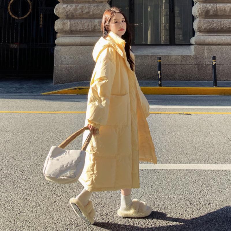 Einfarbige Damenjacke Extra Lang 2024 Herbst und Winter Neu Trendige Kapuzenjacke Verdickt Locker Lässig