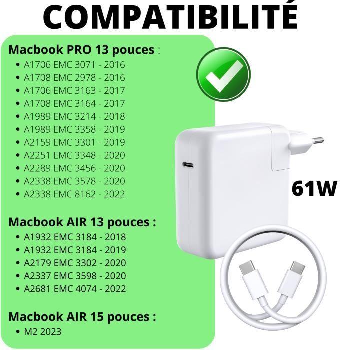 Ladegerät 61W - Phonillico - USB-C - Kompatibel mit MacBook PRO/AIR - 2M Kabel enthalten
