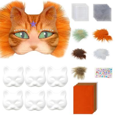 Handbemalte Katzenmaske Tiermasken-Kits Maskerade-Maske Rohmaske mit Plüschstoff Halloween-Party-Maske für Erwachsene