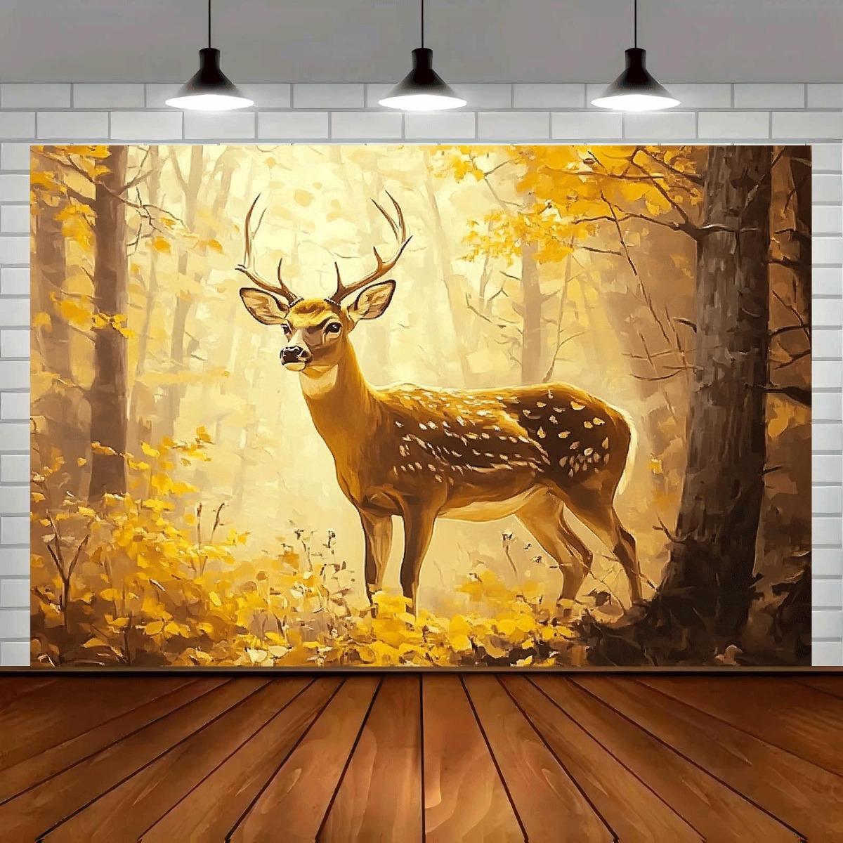 

1pc Large Realistic Golden Brown Stag Forest Tapestry Elegant BeigeGolden Foliage Wall Hanging for Fall Parties Weddings 74x94cm(29x37in)