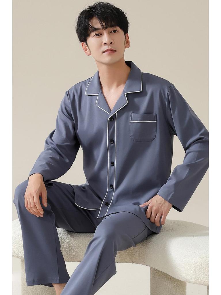 Herren Übergröße Reiner Baumwoll-Pyjama-Set - Langärmiger Cardigan für Herbst/Winter