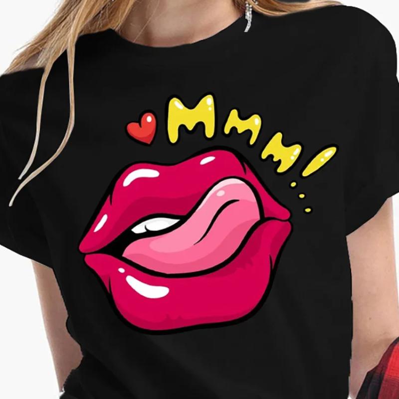 Sexy Kiss Lip Pattern Women's T-Shirts Funny Trend Black Tees Fashion Casual O-neck Short Sleeve Tops Oversized Female Pullover