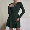 Podzim zima Móda slim zelené áčkové mini šaty Ženy Měkké s kulatým výstřihem Bodycon šaty dlouhý rukáv elastické Pletené svatební šaty