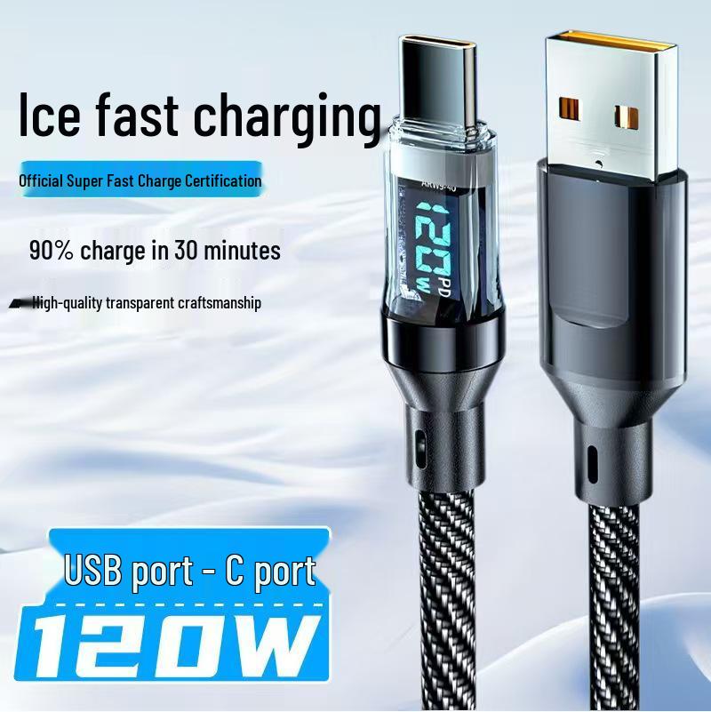 120W Fast Charging Data Cable with Digital Display and Intelligent Power Off for Huawei, Samsung, Apple 15, Xiaomi, and Oppo.