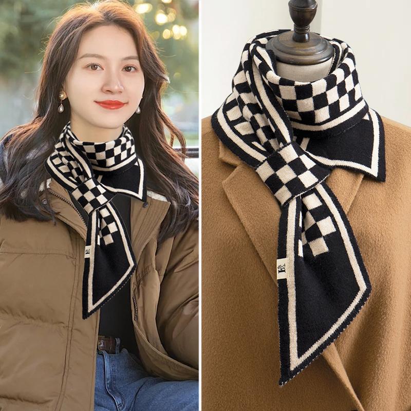 Women's Houndstooth Knitted Scarf, 2023 Winter All-Match Korean Style, Double-Sided Neck Warmer