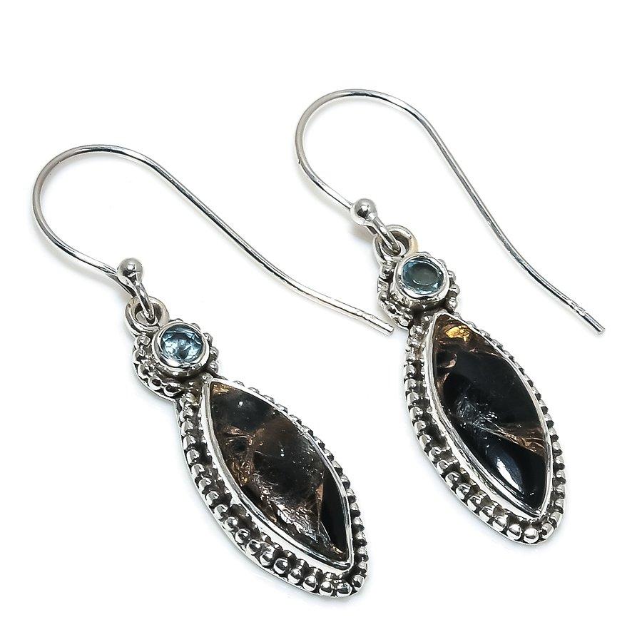 Natural Black Copper Turquoise, Blue Topaz 925 Solid Silver Earring 1.50" v4P45