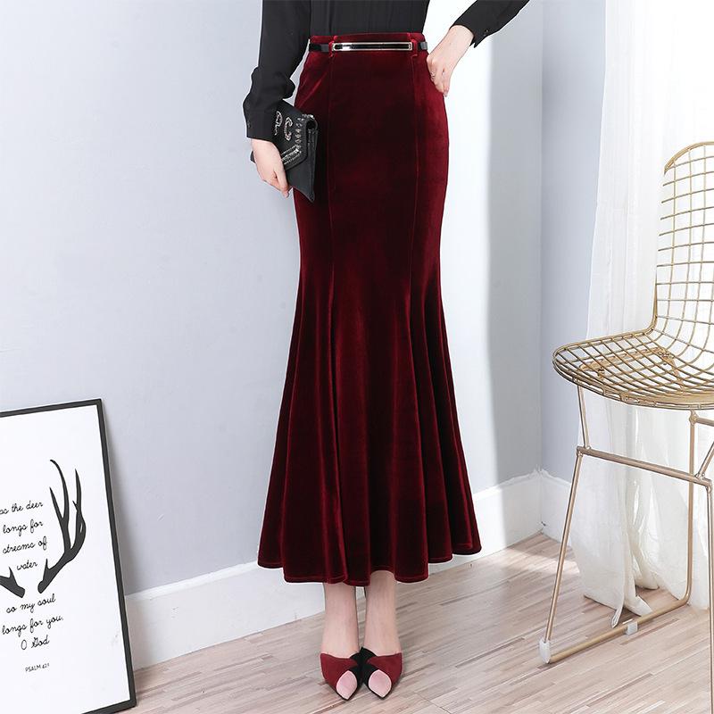 2025 Guld Sammet Fisksvans Volang Lång A-linje Kroppsnära Kjol för Höst/Vinter