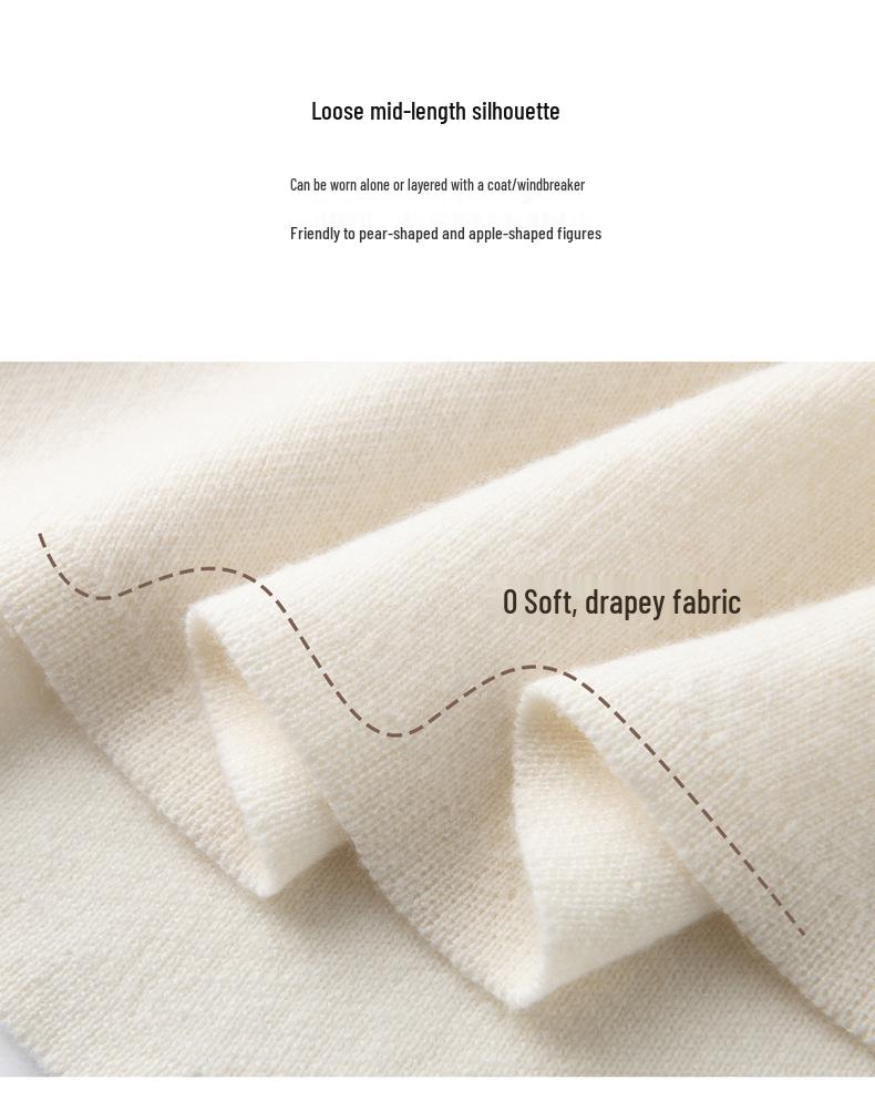 Cashmere Seven-Stitch Round Neck Loose Mid-Length Split Hem Knitted Sweater