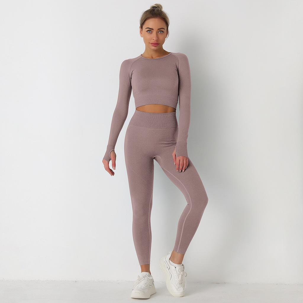 New Knitted Solid Color Seamless Long Sleeve Long Pants Yoga Set Running Sports Fitness Two Piece Set For Women