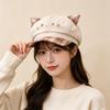 Korean Cute Cat Ears Embroidered Newsboy Hat Female Color Matching Plaid Octagonal Hat Soft Girl Showing Face Small Cap