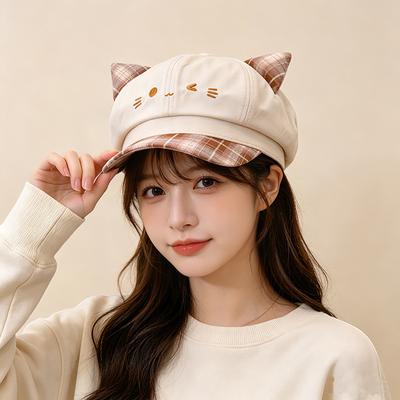 Chapeau gavroche brodé d'oreilles de chat mignonnes coréennes pour femme, assorti aux couleurs, à carreaux, octogonal, doux, pour montrer le visage, petite casquette