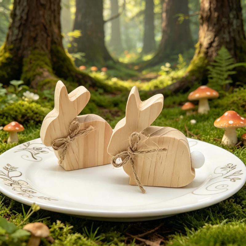 6pcs Wooden Bunny Figurines Wood Rabbit Decorations with Jute Twine Rustic Tabletop Ornaments for Home Decor and Farmhouse