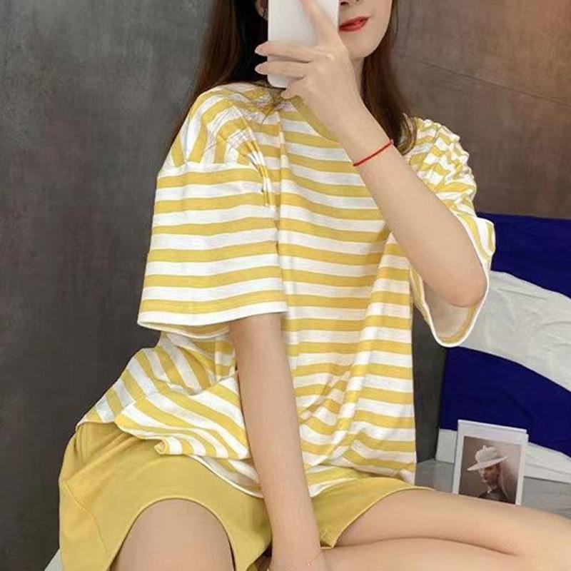

ZANZEA Женская летняя повседневная пижамная блузка с круглым вырезом и коротким рукавом в полоску M жёлтый